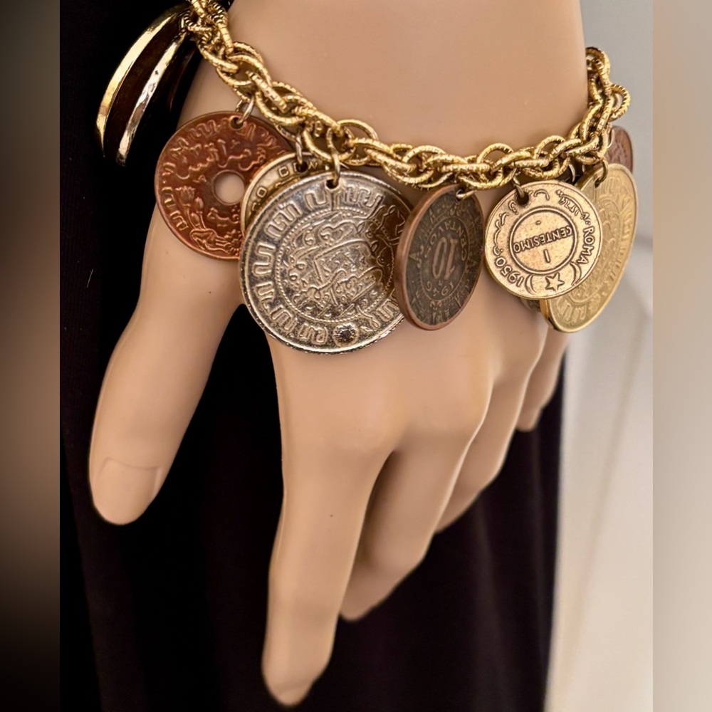 Vintage MCM CORO Coin Charm Bracelet Gold Tone Signed International Travel